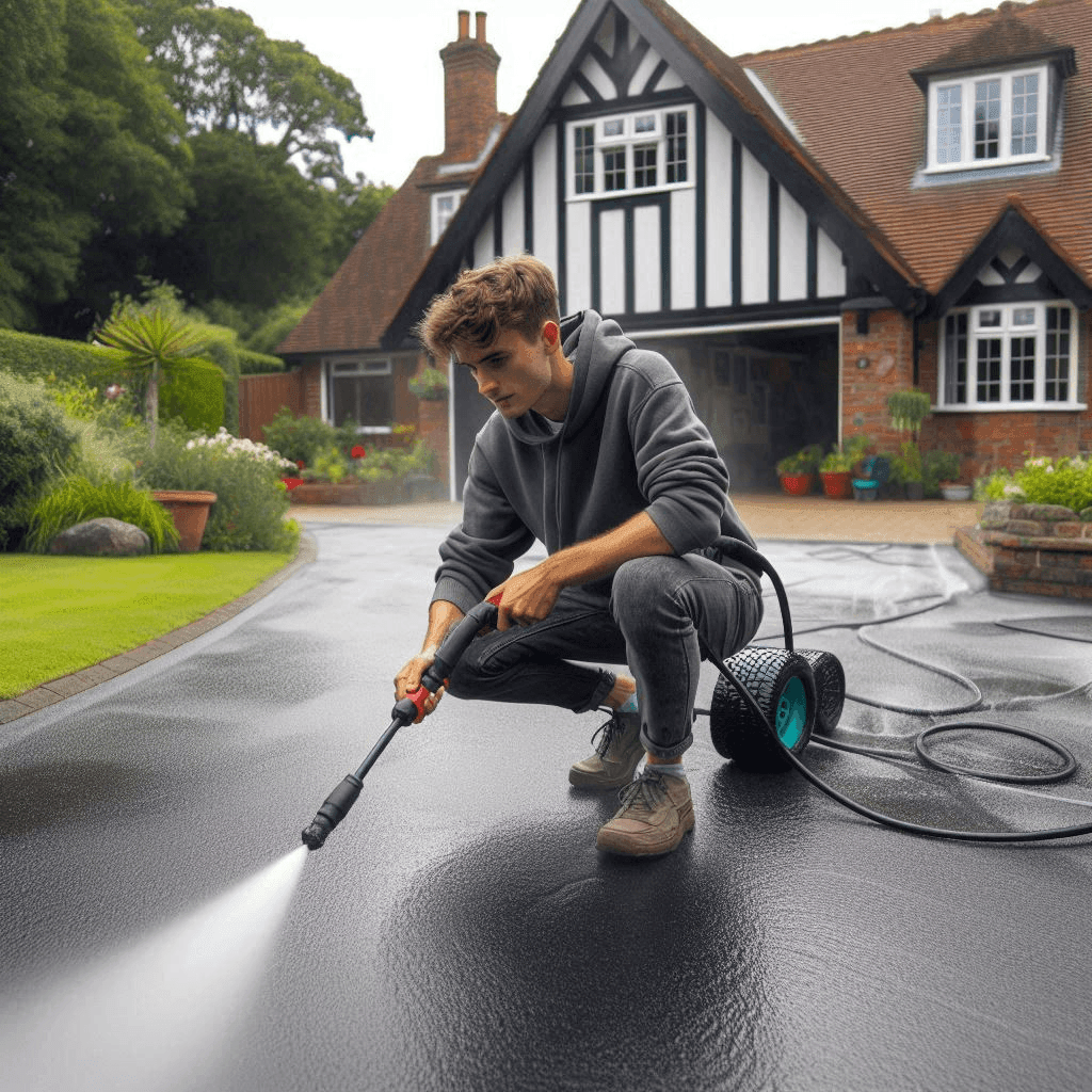 Person using a pressure washer to clean a driveway in front of a tudor-style house.